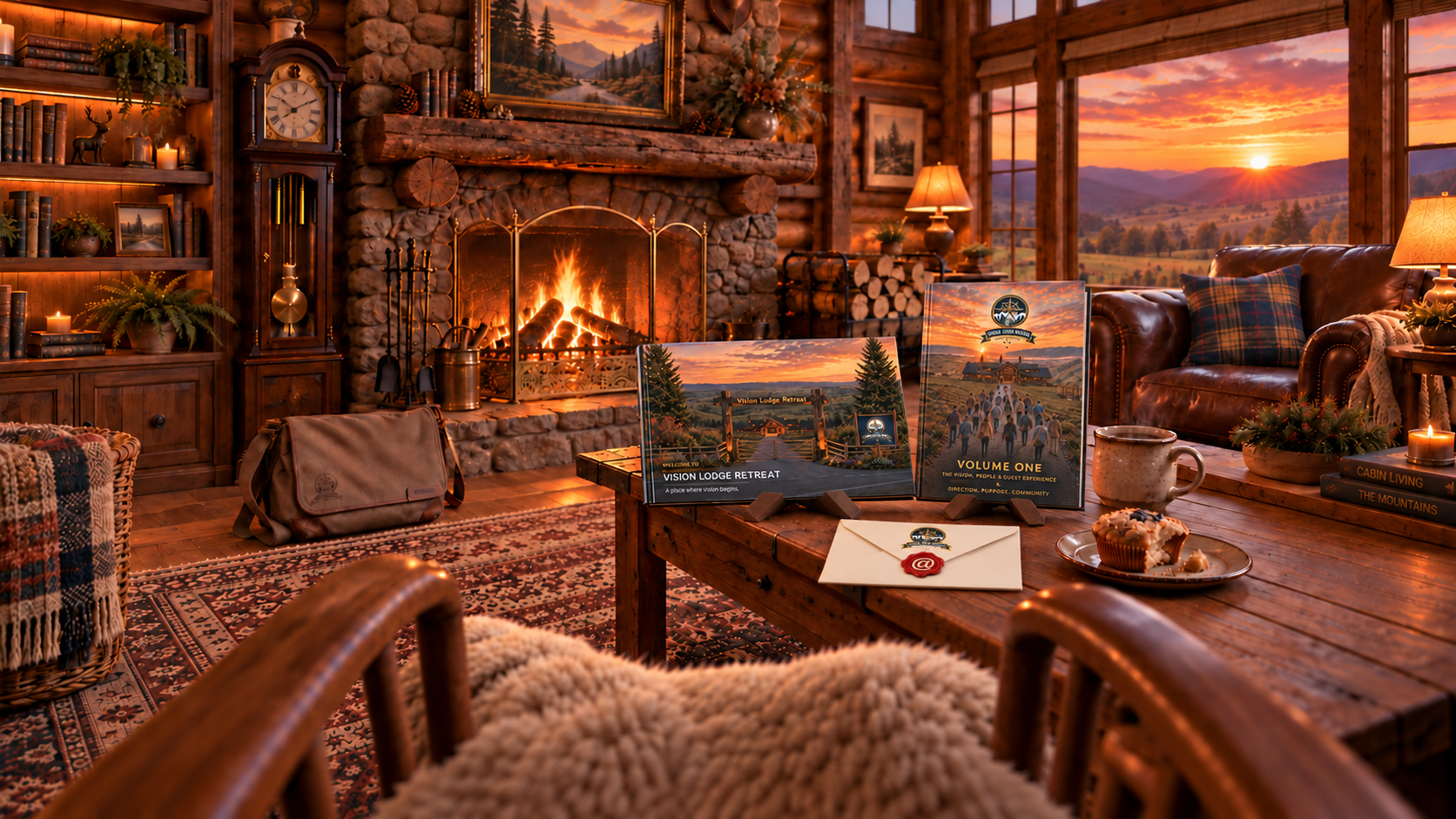 Vision Lodge Retreat fireside scene with a coffee table book, Volume One manual and contact envelope.